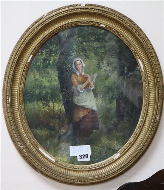 Late 19th century English School Woman in woodland reading a letter 33 x 29cm